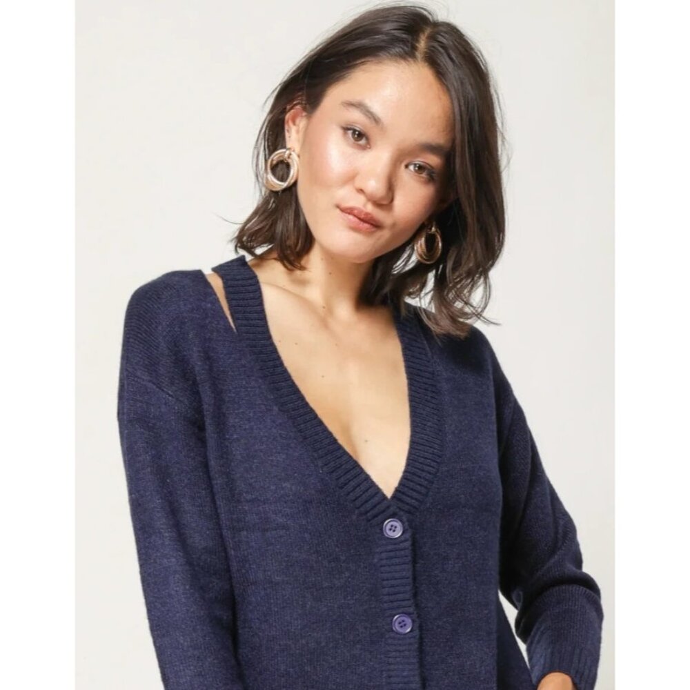 Karen Millen Navy Blue Long Sleeve Cut Out One Shoulder Knit Cardigan